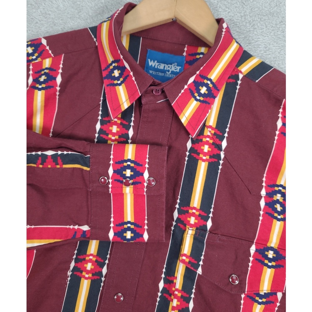 Vintage Wrangler Western Shirt Mens L Aztec Stripe Pearl Snap Maroon Long Sleeve